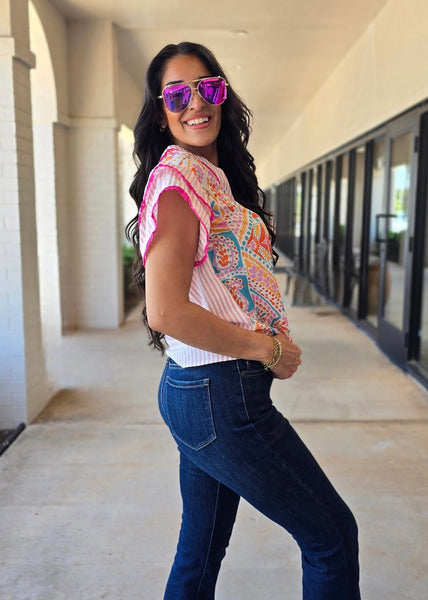 Preppy Charm Pink Boho Floral Top