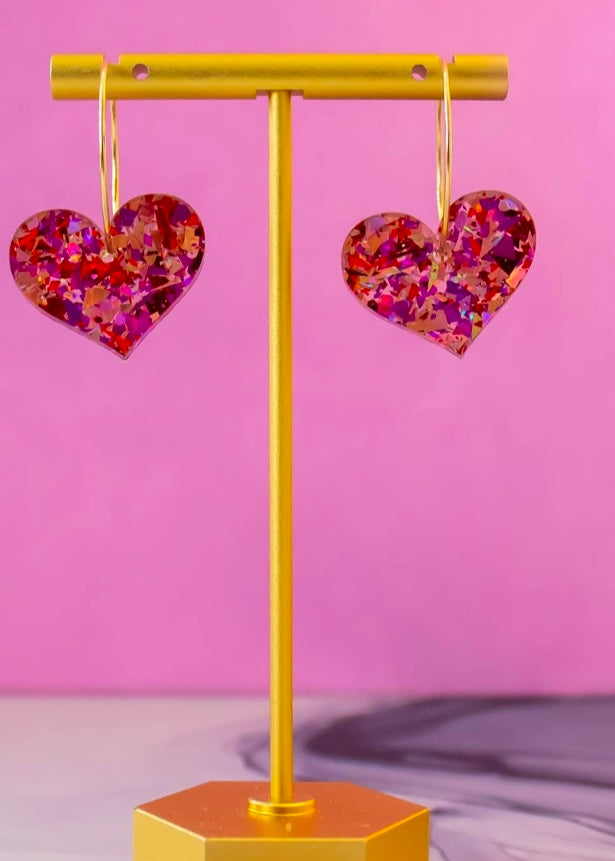 Glitter Red Heart Hoop Earrings