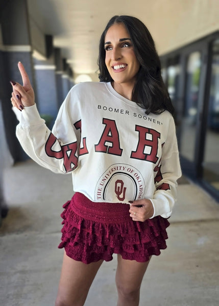 "OKLAHOMA" Phipps Split White Cropped Sweatshirt