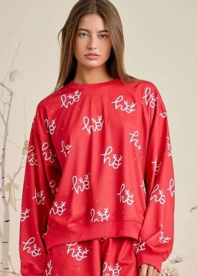 Red Rhinestoned "Ho, Ho, Ho" Printed Longsleeve Top