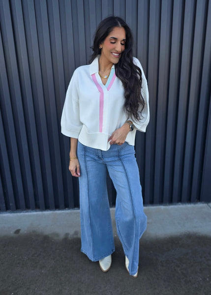 Dream Lover Striped V Neckline White Spring Sweater