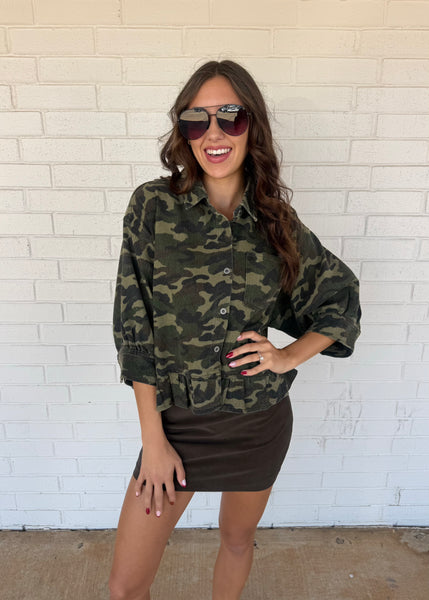 Go With It Denim Camo Button Up Babydoll Top