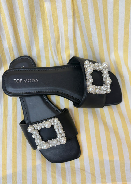 Walking Away Pearl Jewel Square Frame Black Slip On Sandal