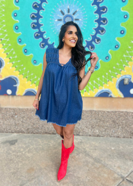 You Are Worthy Blue Denim Sleeveless Mini Dress