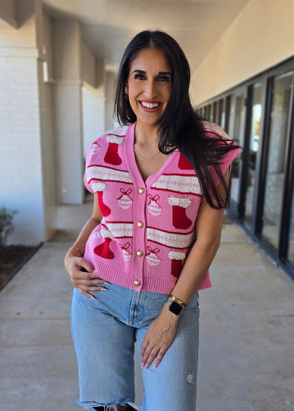 Pink Motive Christmas Patterned Sweater Vest