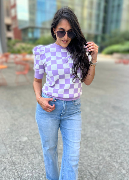 Almost Persuaded Lavender Checked Short Sleeve Sweater