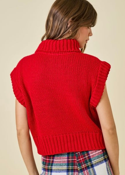 On The Rise Red Sleeveless Turtleneck Knit Sweater