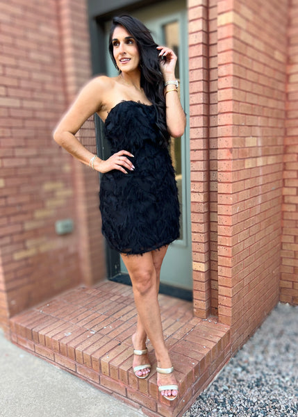 Impressive Eyelash Feathered Fringe Black Strapless Dress