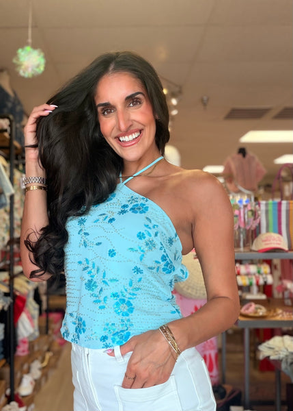 By The Beach Blue Beaded Halter Top