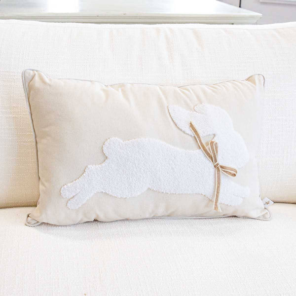 Leaping Bunny Embroidered Lumbar Pillow,Soft White/White