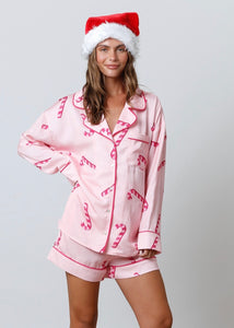 Candy Cane Pattern Satin Pink Pajama Set