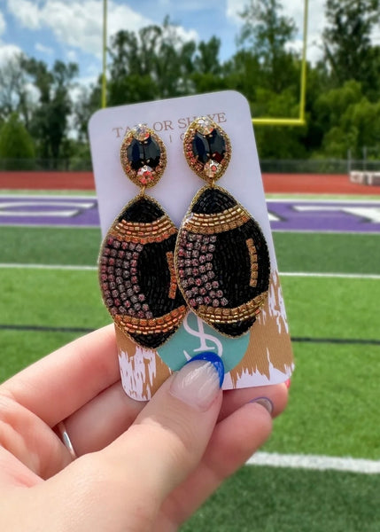 Game Day Black & Gold Beaded Football Earrings