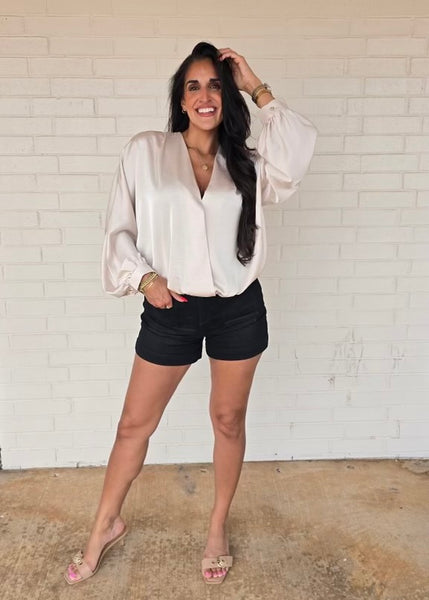 Rely On Me Cream V Neck Cross Over Long Sleeve Blouse