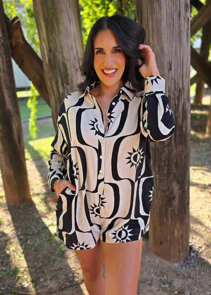 Suns Out Black & Beige Button Up Romper