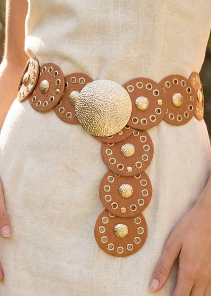 Oval Leather Disc Panel Link Belt: Brown