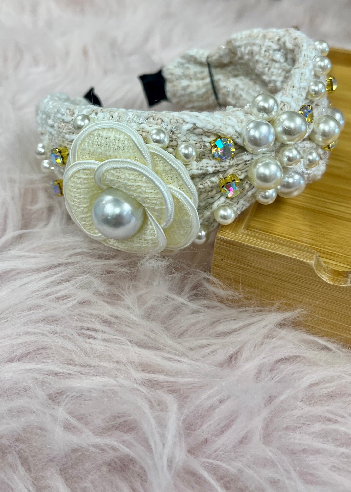 White & Flower Tweed Headband w/Crystals & Pearls