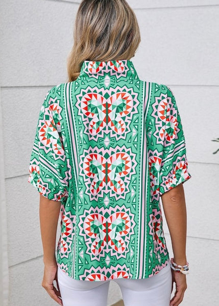 On The Bright Side Green Geometric Print Top