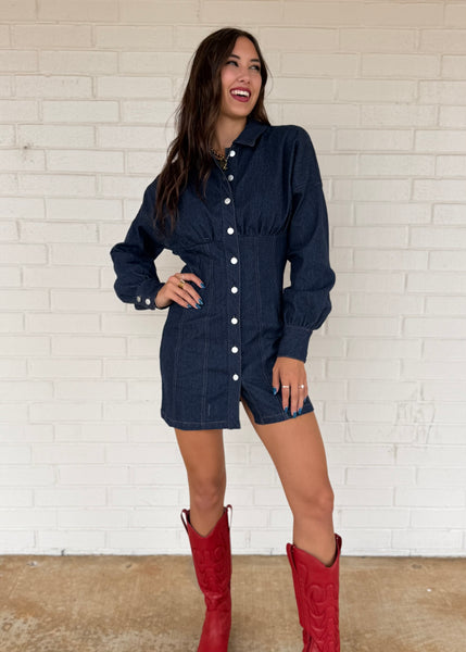 Plan For It Dark Denim Mini Shirt Dress