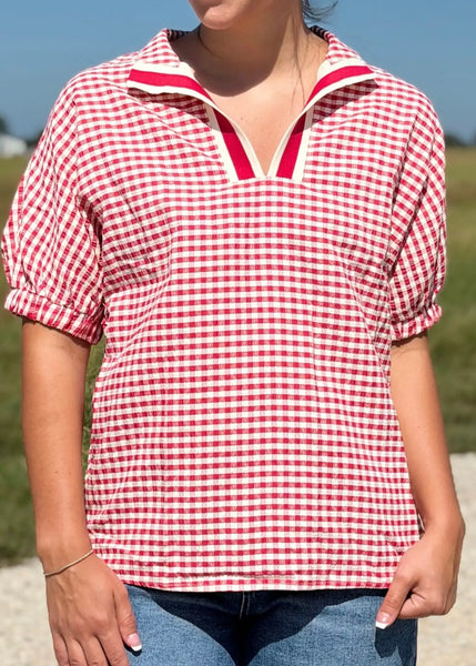 It's A Gem Red Plaid Short Sleeve Blouse