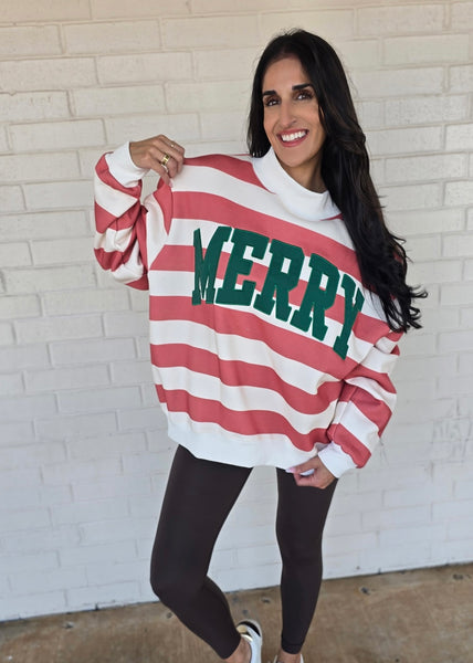 Red Striped "Merry" Mock Neck Sweatshirt
