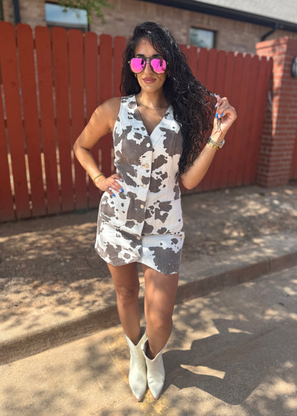 Girls Just Wanna Have Fun Cow Print Denim Dress