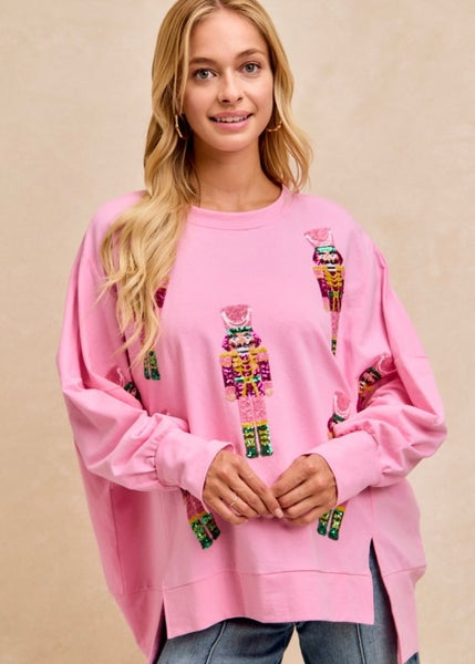 A Pink Christmas Sequin Nutcracker Pullover