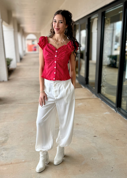 Polka Dot Fun Red Button Up Top