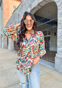 Fool For Love Abstract Print Button Down Shirt- Teal Multi