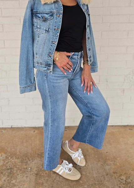 Sawyer Mid Rise Wide Leg Raw Hem Jeans