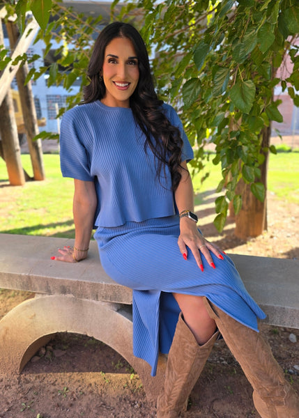 In A Breeze Blue 2 pc Ribbed Skirt Set