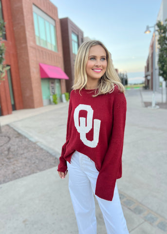 OU  Interlocking Logo Stadium Sweater - Crimson/White