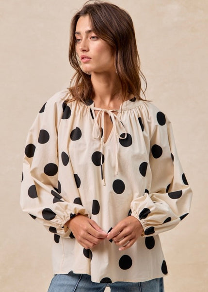 Exaggerated Polka Dot Balloon Sleeve Top