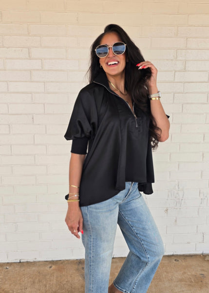 Play It Again Black Half Zip Flowy Blouse