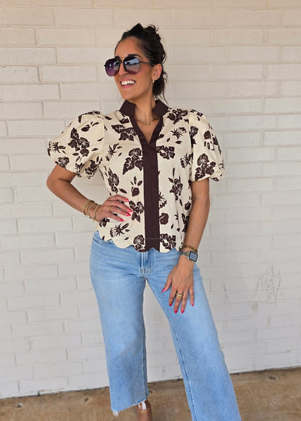 Thinkin About You Brown Floral V Neck Top