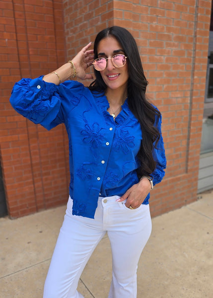 Beauty Mark Blue Patterned Button Up Top