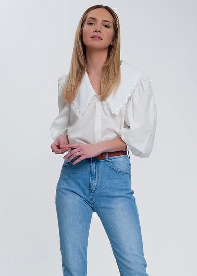 Girl Boss White Wide Collared Blouse