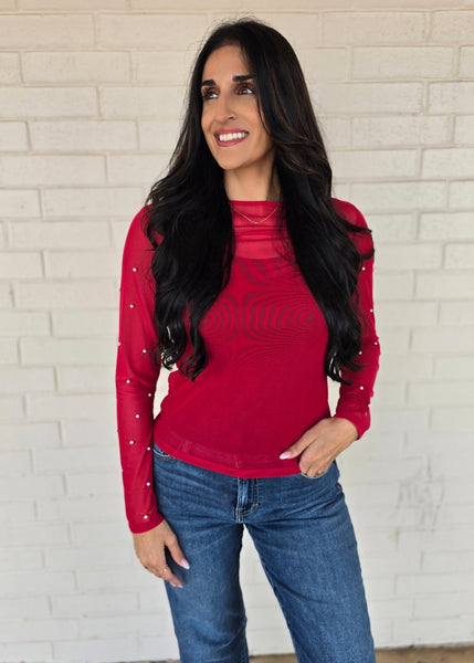 Center Of Attention Mesh Pearl Top - Red