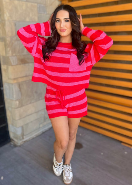 Love Letter Red/Pink Striped Sweater & Short Set - MEDIUM