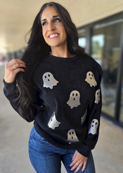 Hey Boo Halloween Ghost Corded Black Sweatshirt