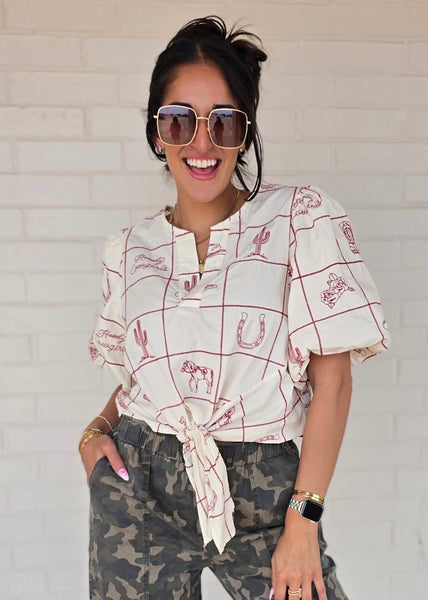 Western Love Embroidered Tie Top