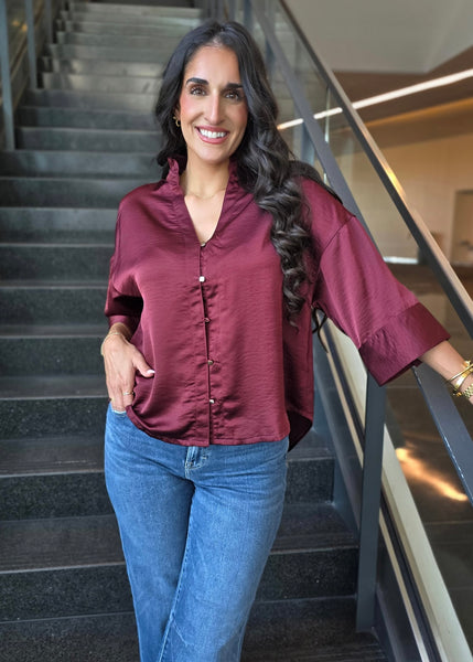 Makes Sense Burgundy Gold Button Up Blouse