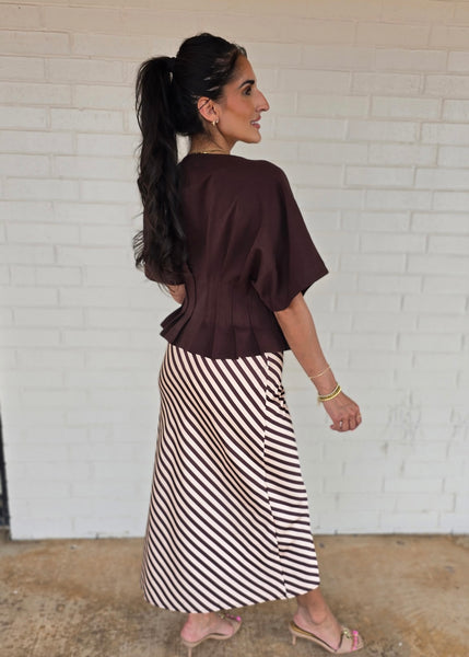 More Fun Brown/Cream Striped Midi Skirt