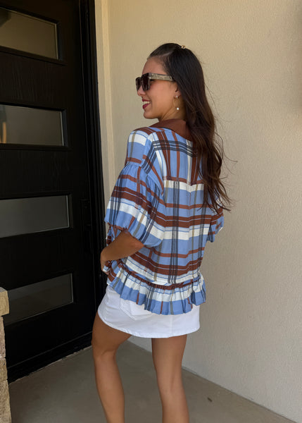 Plan On It Blue/Brown Plaid Babydoll Top