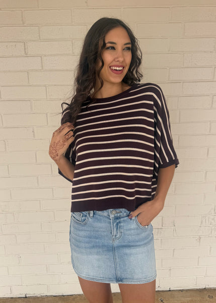 The Good Life Brown & White Striped Short Sleeve Sweater Top