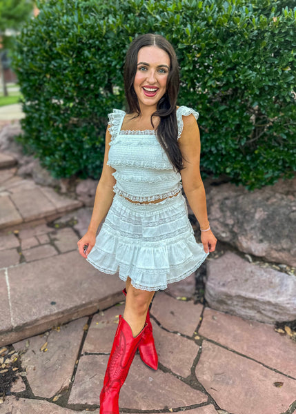 Sunset Serenade White Lace Trim Top & Mini Skirt 2 Pc Set