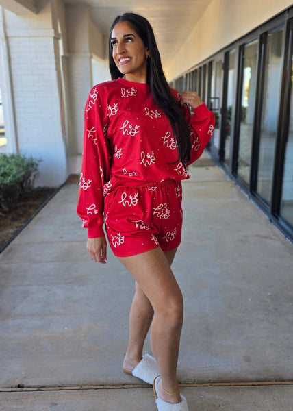 Red Rhinestoned "Ho, Ho, Ho" Printed Shorts