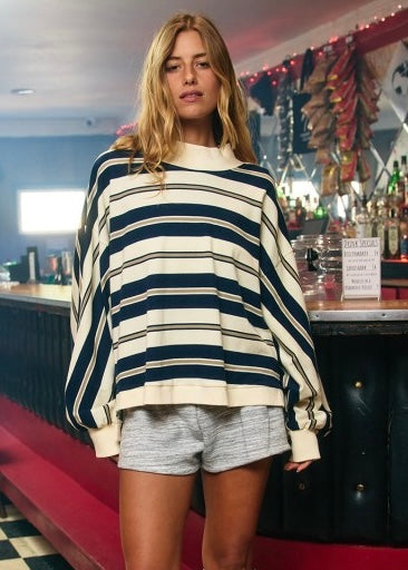 Casual Intention Striped Mock Neck Oversized Top