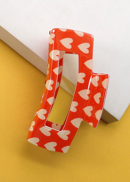 Rectangle Heart Hair Claw Clips-Red & White