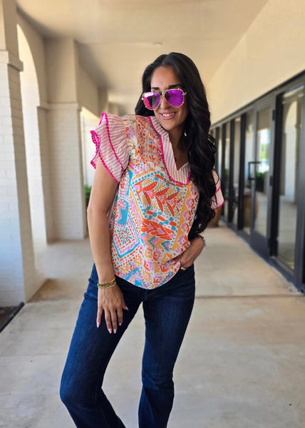 Preppy Charm Pink Boho Floral Top