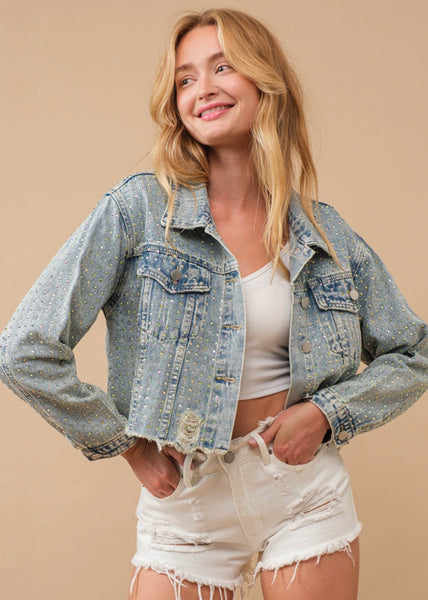 Shine & Dine Rhinestoned Cropped Denim Jacket